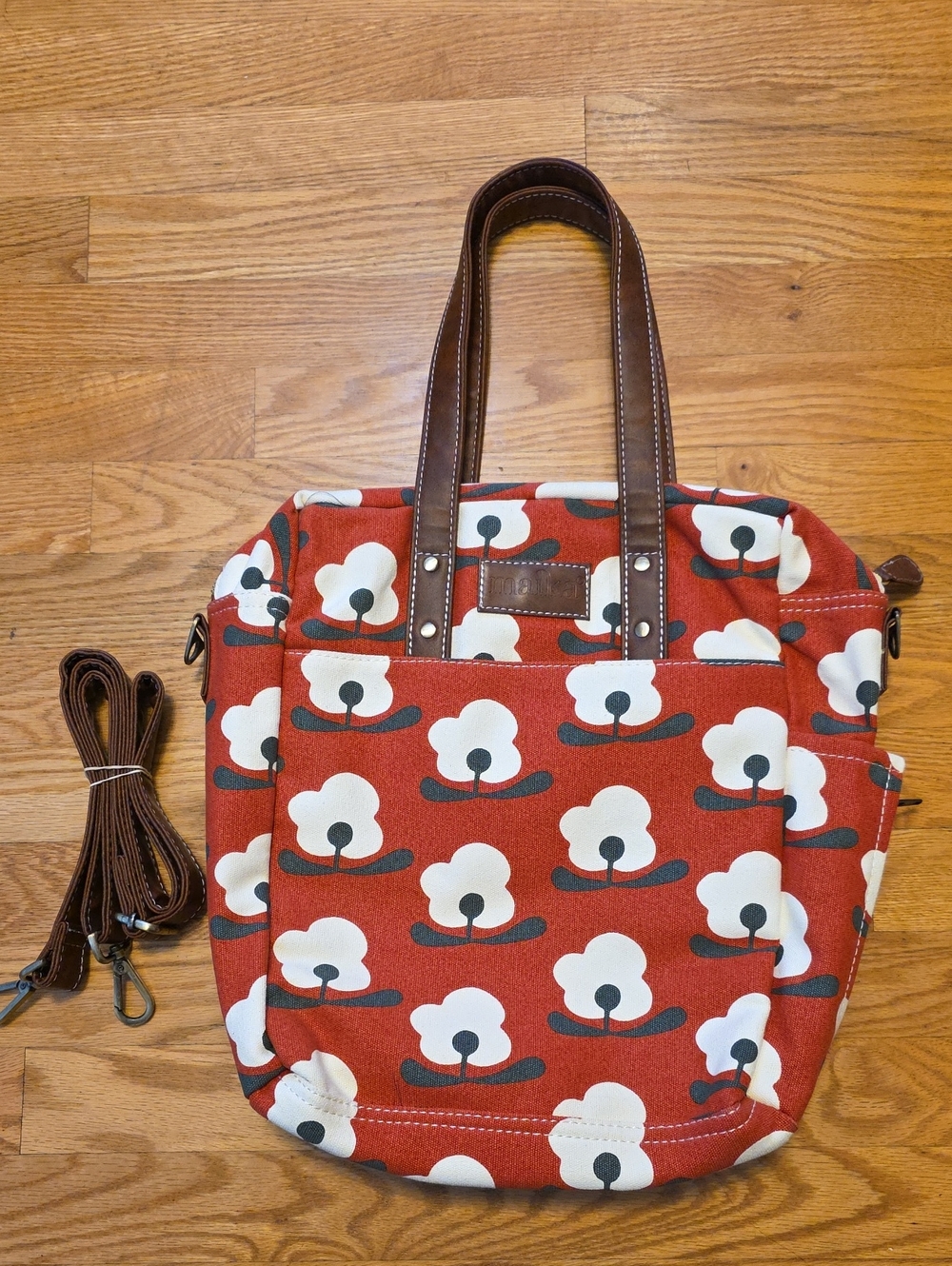 Maika Red Floral Canvas Tote with Brown Handles